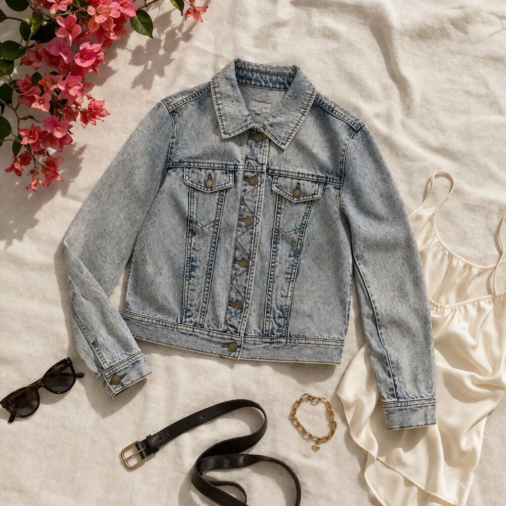 Cropped Denim Jacket Acid Wash Fitted Trucker Y2K Model Off Duty Blue M